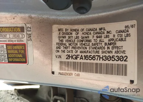 2007 Honda Civic Lx из США, поврежденный, VIN 2HGFA16567H305302